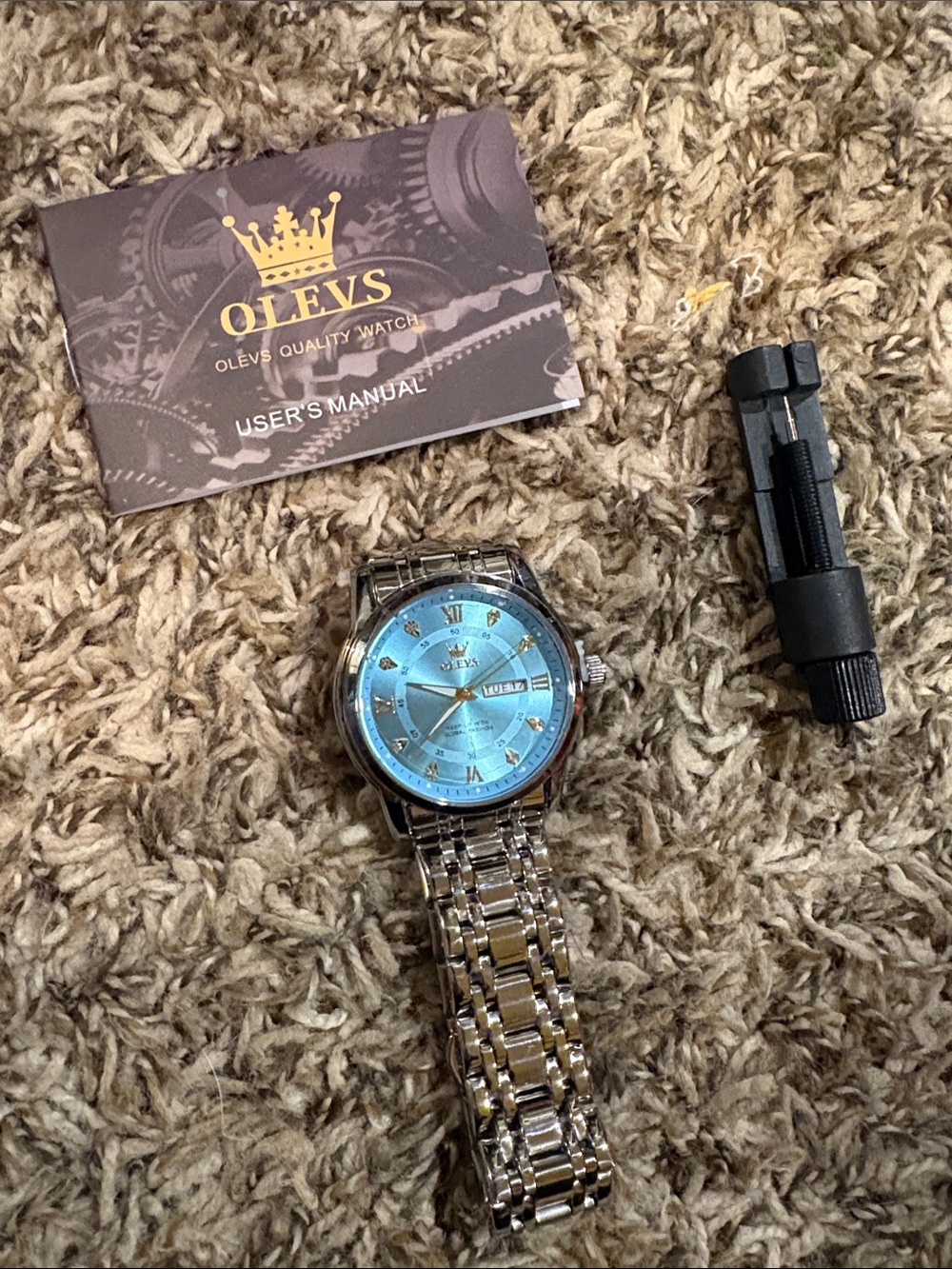 OLEVS Men's Silver Watch with Blue Dial